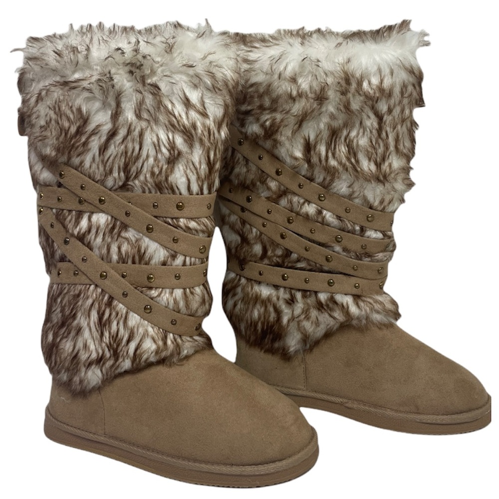 Fur Boots Tall Knee High Winter Snow Boots Neutral Beige Taupe Womens Size 10